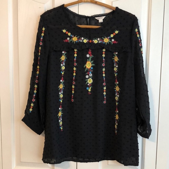 Sweet Grey Embroidered Swiss Dot Ruffle Blouse Top Size Medium - Picture 1 of 8